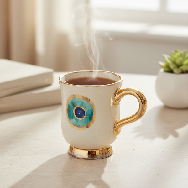Evil Eye Ceramic Mug – Courageous & Curvacious (Gold Drip)
